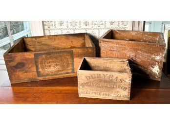 (3) VINTAGE WOODEN BOXES W/ ADVERTISING