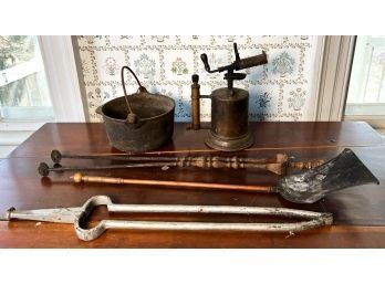 FIREPLACE TOOLS, KETTLE, COPPER TORCH