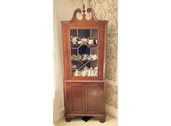 VINTAGE CORNER CABINET W/ INLAY, FLAME FINIAL