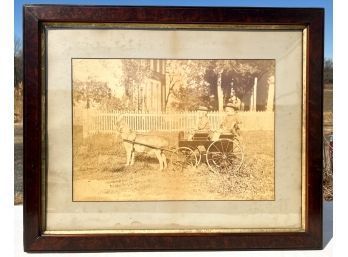 LARGE ANTIQUE PHOTO  BOYS IN WAGON PULLED BY GOAT