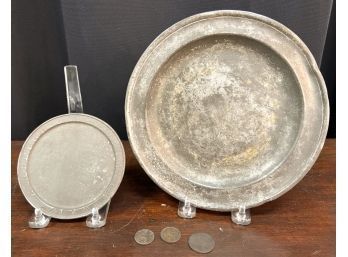(2) ANTIQUE PEWTER PLATES W/ (3) COINS