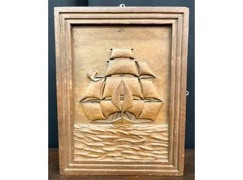 CARVED WOODEN RELIEF PANEL OF A TALL SHIP