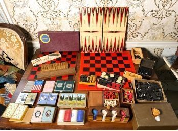 LARGE LOT VINTAGE CHECKERS, CARDS AND OTHER GAMES
