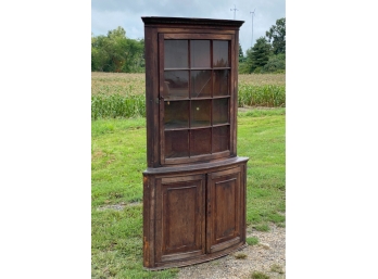 TWO PIECE CURVED FRONT COUNTRY CORNER CUPBOARD