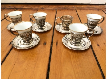 (6) DEMITASSE CUPS W/ STERLING JACKETS AND SAUCERS