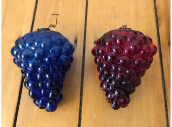(2) COBALT BLUE/RUBY RED GLASS GRAPE CLUSTERS