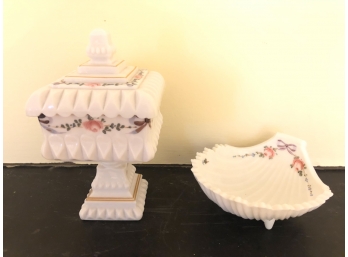 MILK GLASS COMPOTE W/ SHELL FORM PLATE
