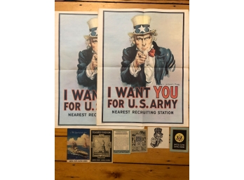 (2) UNCLE SAM RECRUITING POSTERS W/ BOND PAMPHLETS