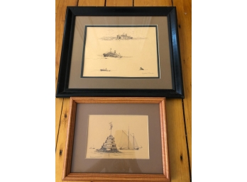(2) SIGNED RACKET SHREVE PEN AND INK DRAWINGS