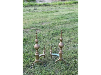 PAIR BRASS CHIPPENDALE STEEPLE TOP ANDIRONS