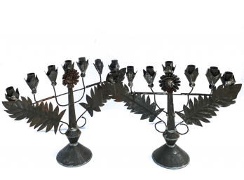 PAIR OF PUNCHED METAL AND EMBOSSED CANDELABRA