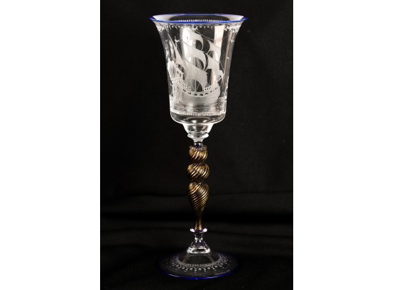 VENETIAN GLASS GOBLET ETCHED With A GALLEON