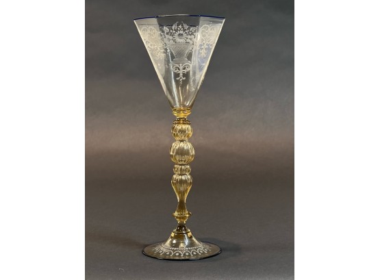 VENETIAN GLASS WINE GLASS ENGRAVED with FLORAL
