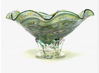 ARTISAN BLOWN FAVRILE ART GLASS FOOTED BOWL