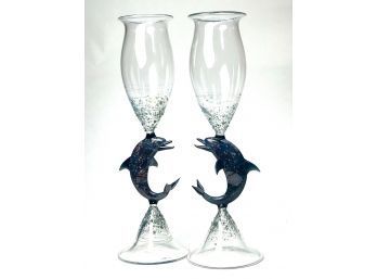 PAIR OF ARTISAN HAND BLOWN CHAMPAGNE FLUTES