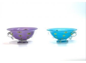 PAIR OF ARTISAN BLOWN PLKA-DOTTED GLASS BOWLS