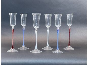 (6) MURANO GLASS CORDIALS with COLORFUL STEMS