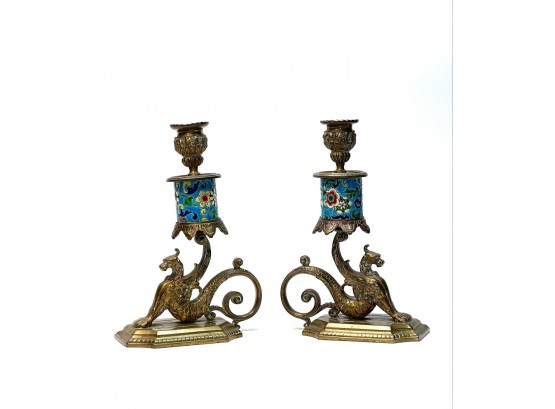 PAIR OF LONGWY And FIGURAL BRASS GRIFFIN CANDLESTICKS