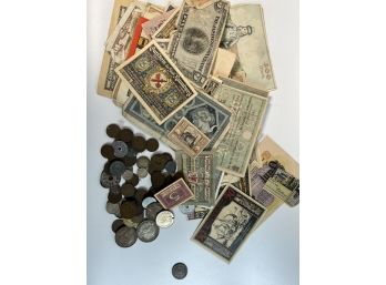 LOT OF EARLY (20th c) EUROPEAN COINS & CURRENCY