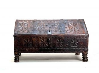 METAL BOUND CHIP CARVED FOOTED BOX