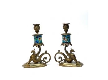 PAIR OF LONGWY And FIGURAL BRASS GRIFFIN CANDLESTICKS