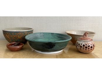 5) PIECES OF HAND THROWN POTTERY BY GAIL TURNER