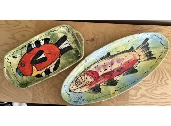 (2) ARTISAN CRAFTED OVAL TRAYS DECORATED with FISH