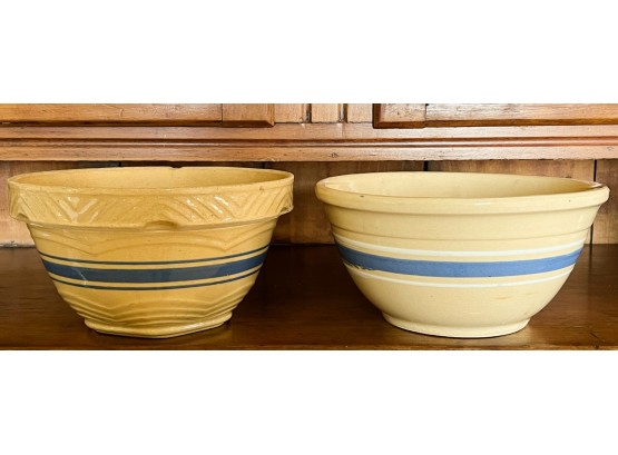 (2) YELLOW WARE BOWLS with BLUE RINGS