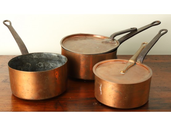 (3) TIN LINED COPPER SAUCE PANS with IRON HANDLES