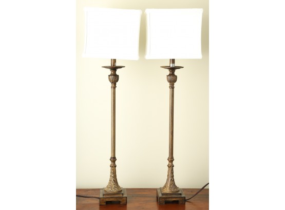 PAIR OF TALL BRONZED CAST METAL TABLE LAMPS