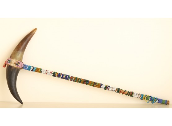 NATIVE AMERICAN HORN CLUB with BEADED HANDLE