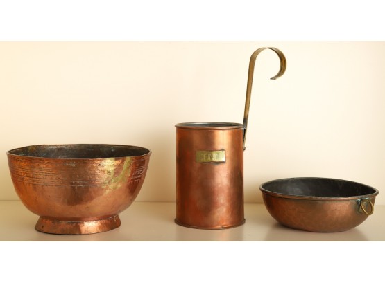 (2) PINT MEASURE, HAMMERED BOWL & A THIRD