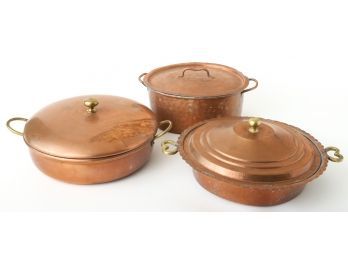 (3) PIECES OF TIN-LINED COPPER COOKWARE