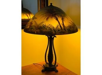PATINATED BRONZE TABLE LAMP with PAINTED SHADE