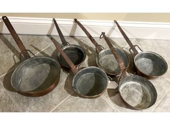 (6) HAND WROUGH TIN-LINED COPPER SKILLETS