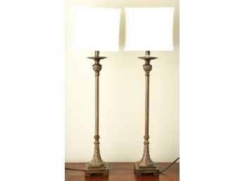 PAIR OF TALL BRONZED CAST METAL TABLE LAMPS