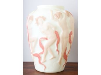 LARGE OPAQUE ART GLASS VASE with RAISED NUDES