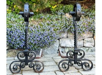 LARGE AND HEAVY WROUGHT IRON ANDIRONS