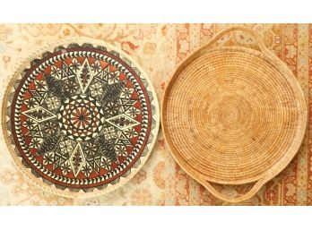 (2) ROUND WICKER and PAINTED LEATHER TRAYS