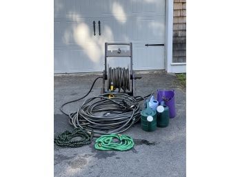 LOT OF HOSES, WATERING CANS, WANDS, ETC
