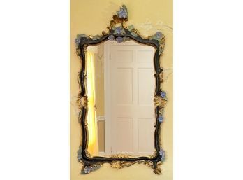 GILT CARVED & PAINTED HALL MIRROR W FLORAL ACCENTS