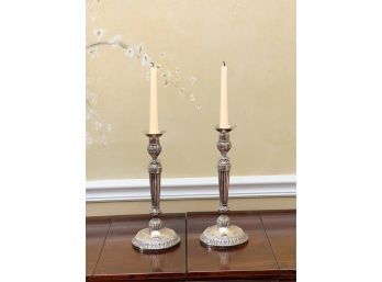 PAIR OF SILVER PLATED COLUMN FORM CANDLESTICKS