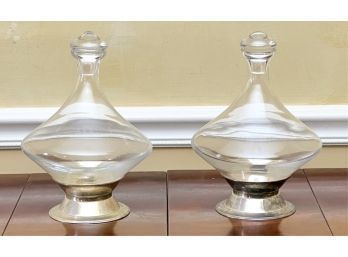 PAIR ORBITAL DECANTERS W SILVER PLATED BASES