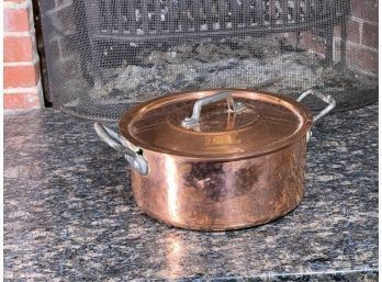 HAMMERED COPPER LINED STOCK POT w IRON HANDLES