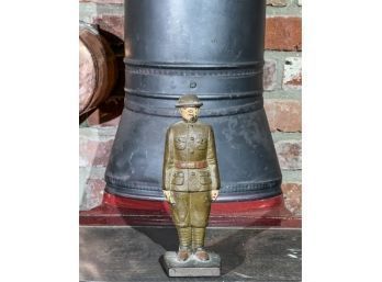 PAINTED CAST IRON WWI DOUGHBOY w BUGLE DOORSTOP