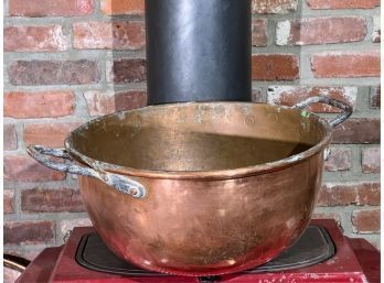 HEAVY COPPER CANDY KETTLE W WROUGHT IRON HANDLES