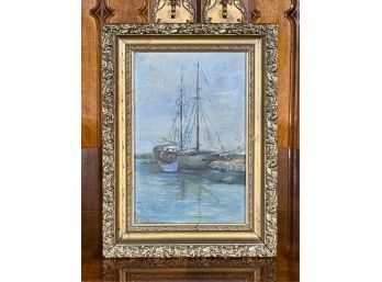 19th CENTURY OIL ON CANVAS 'SHIP AT DOCK W DORY'