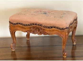 CARVED FRENCH FOOTSTOOL W NEEDLEPOINT COVER
