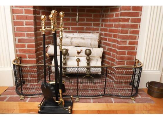 FEDERAL STYLE BRASS FIREPLACE FENDER & TOOLS