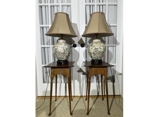 Fine Quality Pair of Glazed Floral Base Lamps